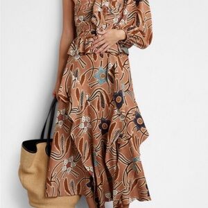 Ulla Johnson Floral One-Shoulder Dress in Brown and Blue